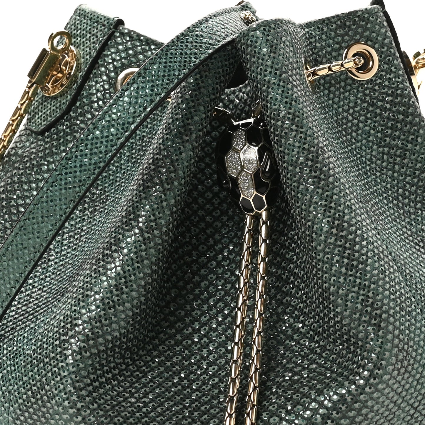 Metallic Karung Serpenti Forever Bucket Bag Emerald Green