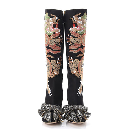 Gucci Silk Satin Malaga Kid Embroidered Candy Dragon Block-Heel Knee Boot 40 Nero Black 2 of 11