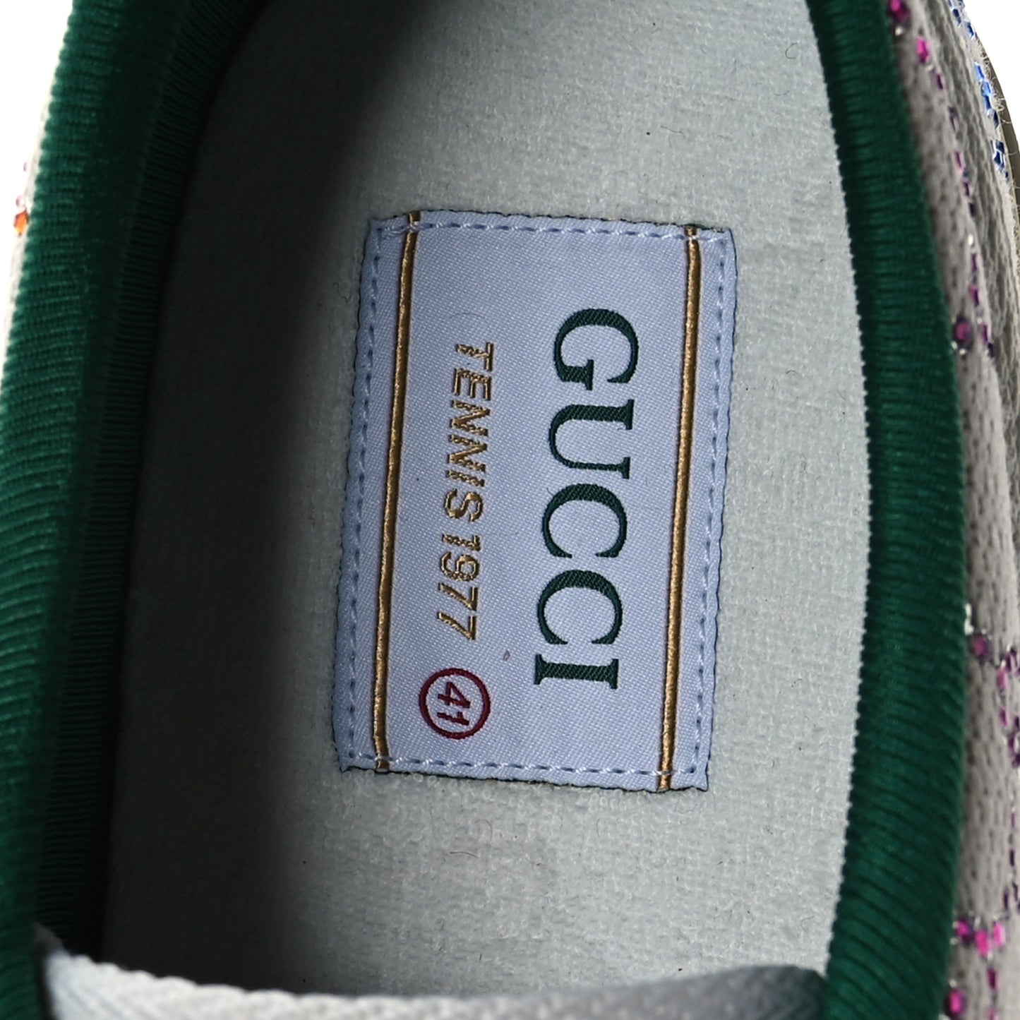 Canvas Lame Crystal GG Monogram Womens 1977 Tennis Sneakers 41 Gardenia Silver Mystic White