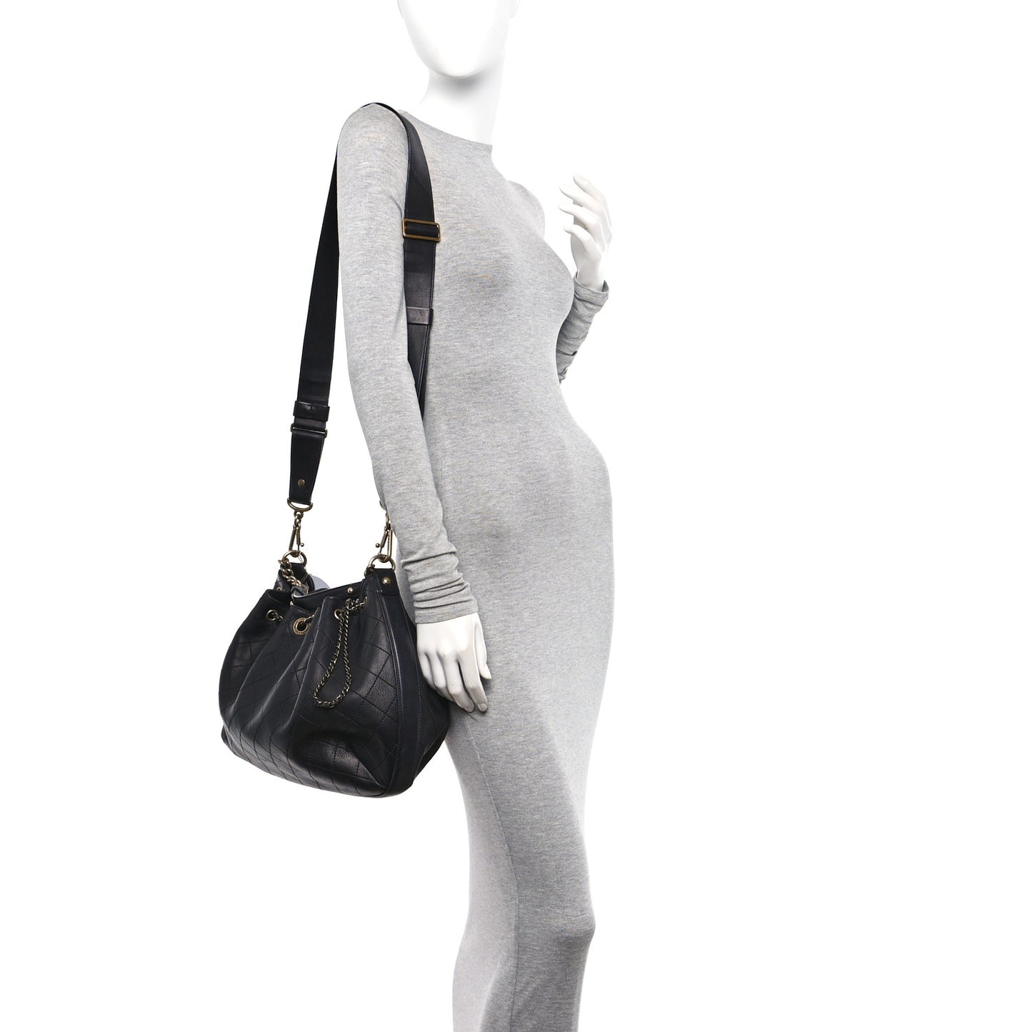 Calfskin Stitched Small Paris Rome Drawstring CC Bag Black