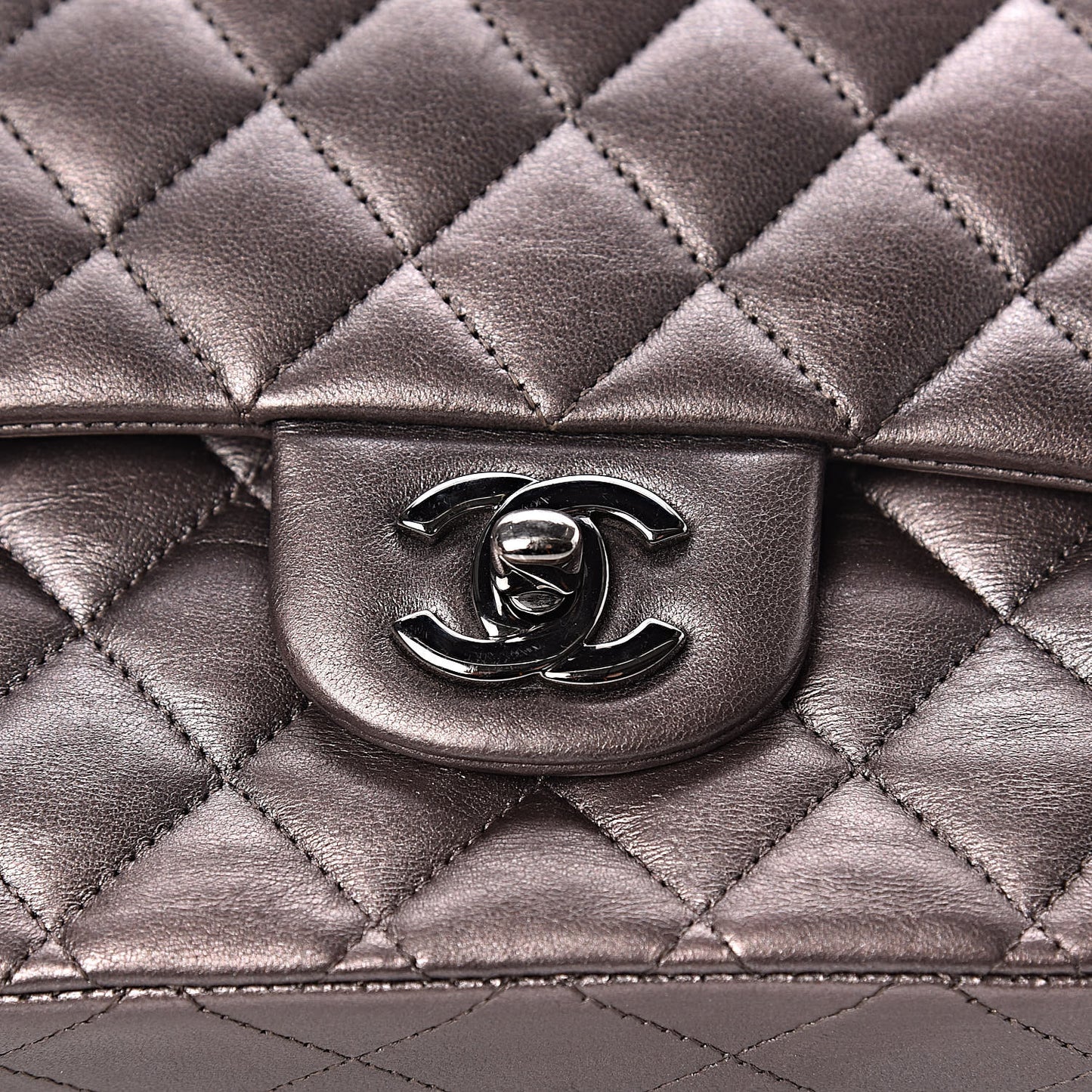 Metallic Lambskin Quilted Medium Double Flap Dark Grey