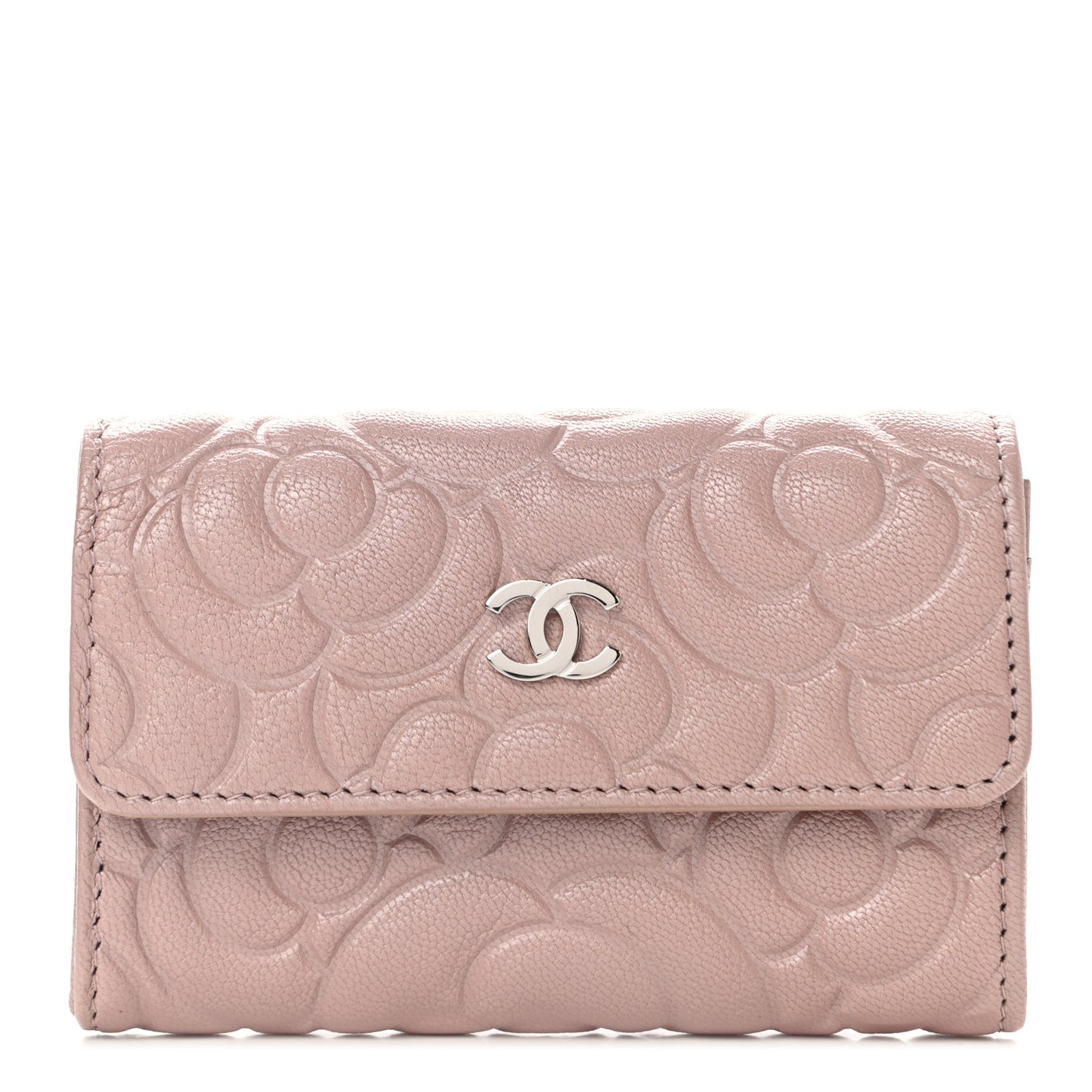 Goatskin Camellia Embossed Card Holder Wallet Light Pink