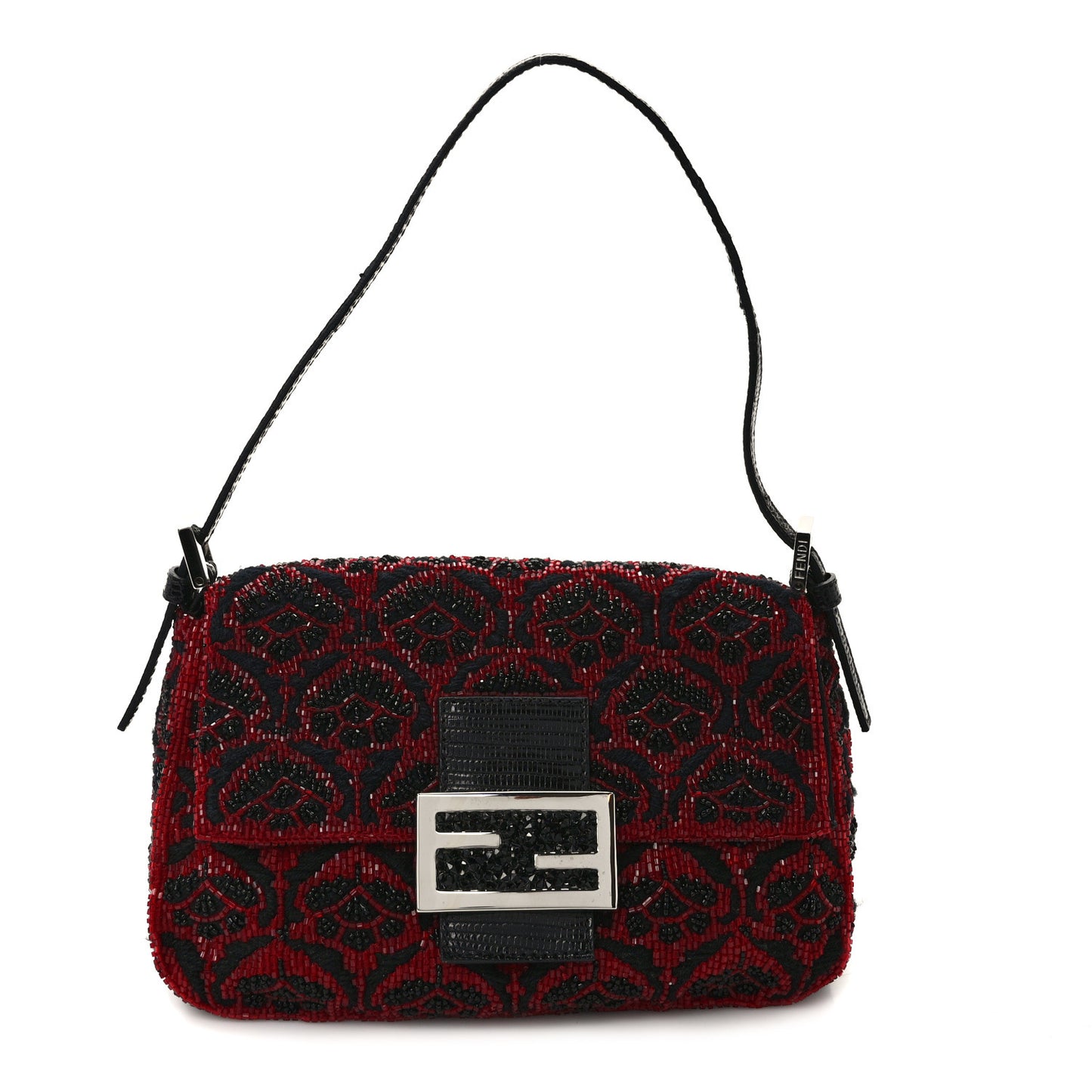 Embroidered Lizard Beaded Mini Mama Baguette Black Red