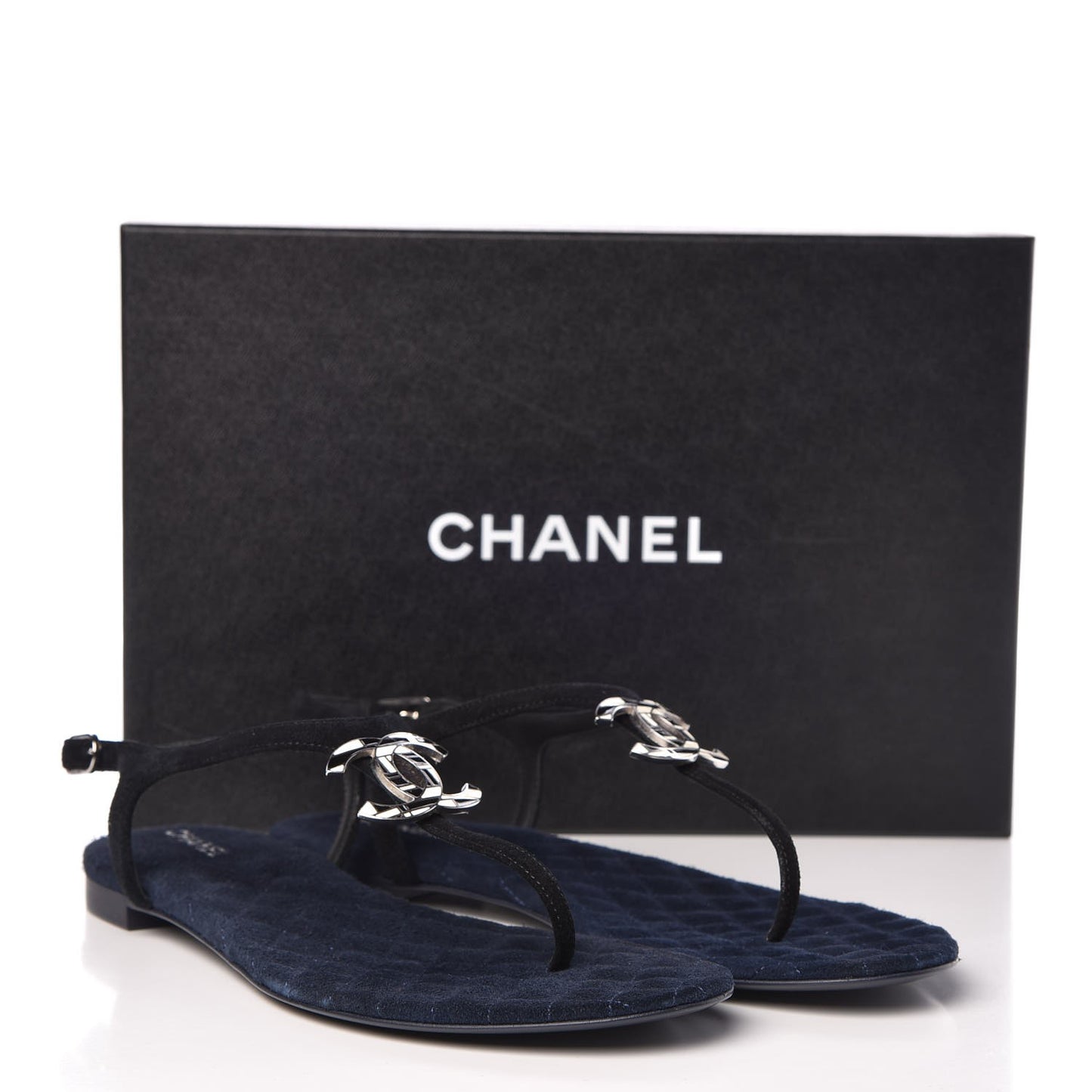 Suede Calfskin CC Thong Sandals 38.5 Dark Blue