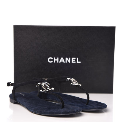 Chanel Suede Calfskin CC Thong Sandals 38.5 Dark Blue 8 of 8