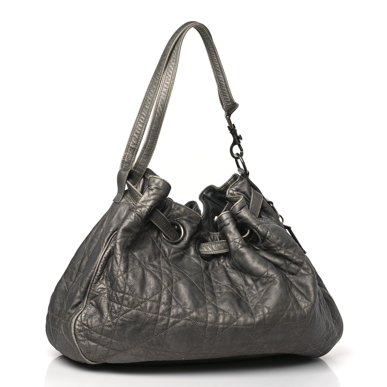 Christian Dior Metallic Lambskin Cannage Drawstring Bag Grey 3 of 10