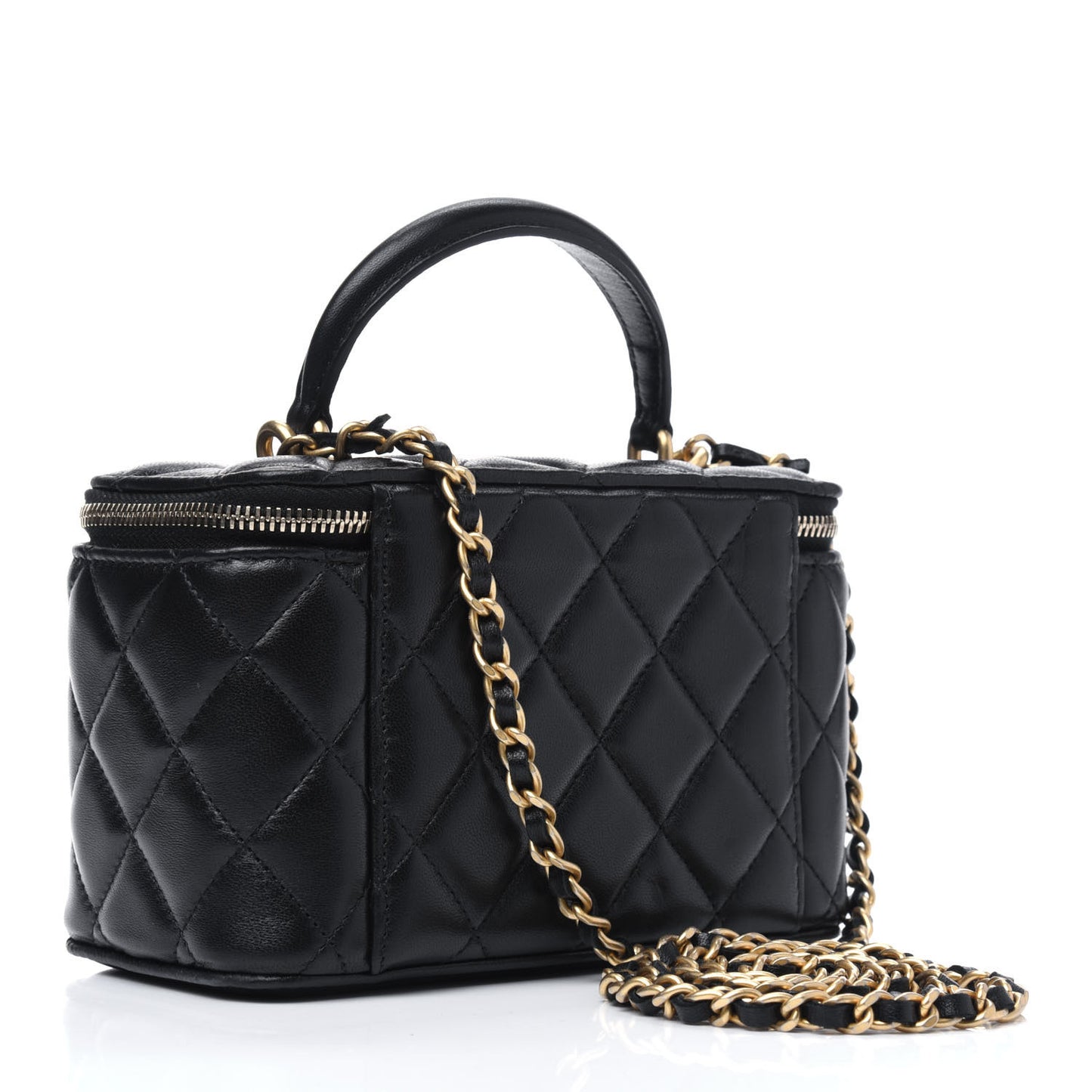 Lambskin Quilted Small Top Handle Vanity Case With Chain Black