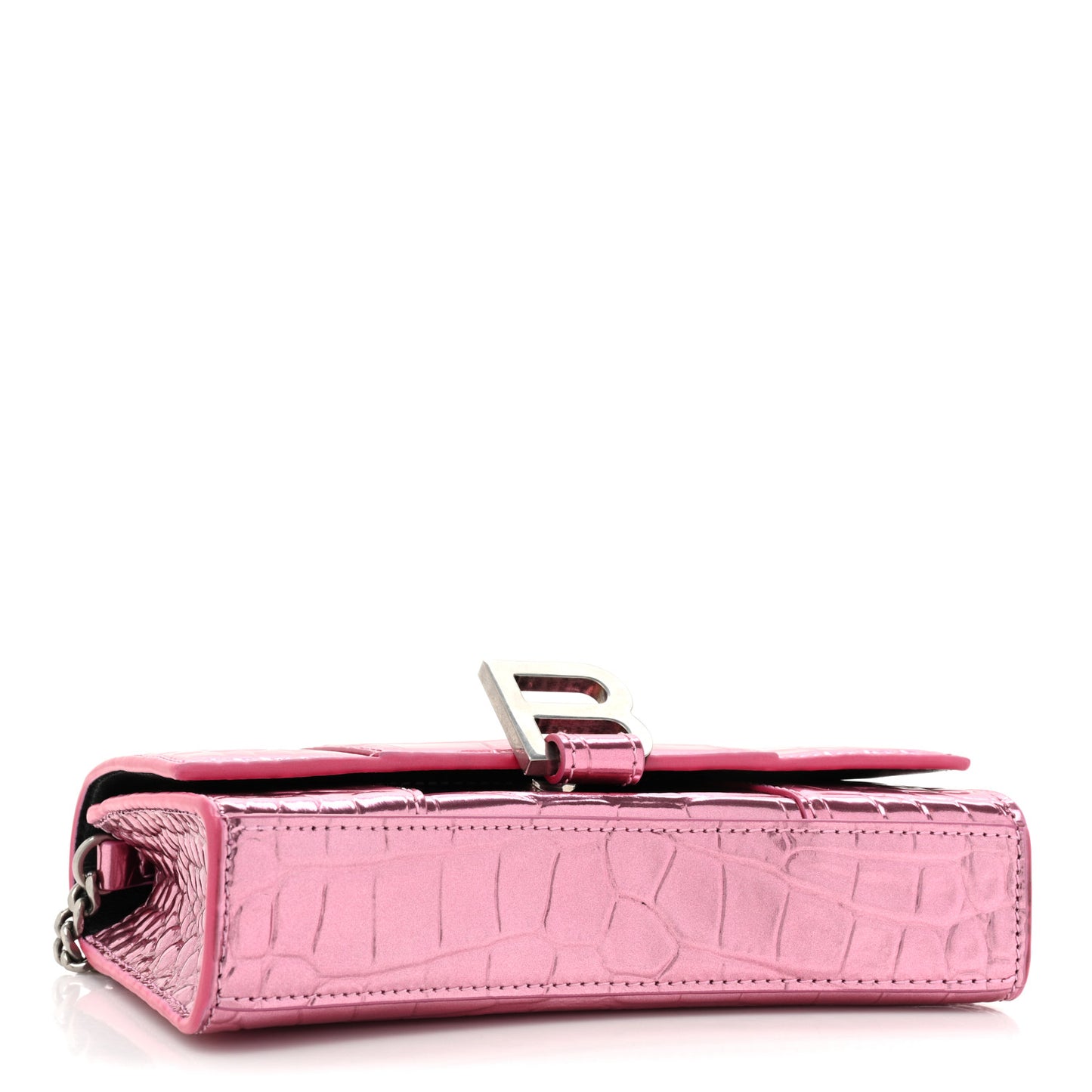 Metallic Shiny Calfskin Crocodile Embossed Hourglass Chain Bag Pink