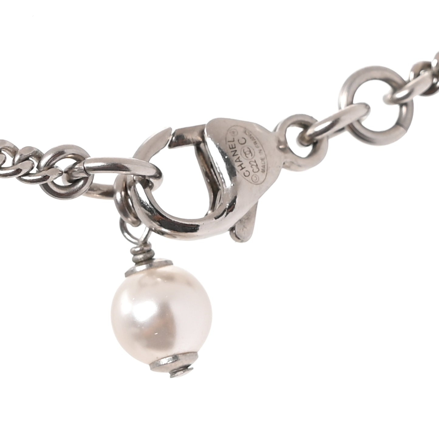 Crystal Pearl CC Pendant Necklace Silver