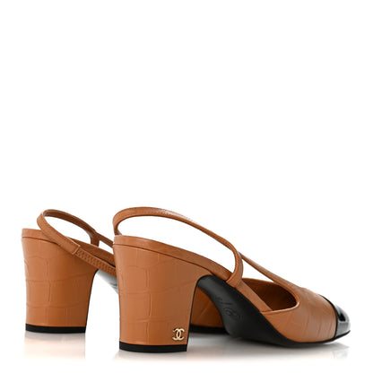 Chanel Calfskin Crocodile Embossed Patent Cap Toe CC Slingback Pumps 41.5 Light Brown Black 5 of 9