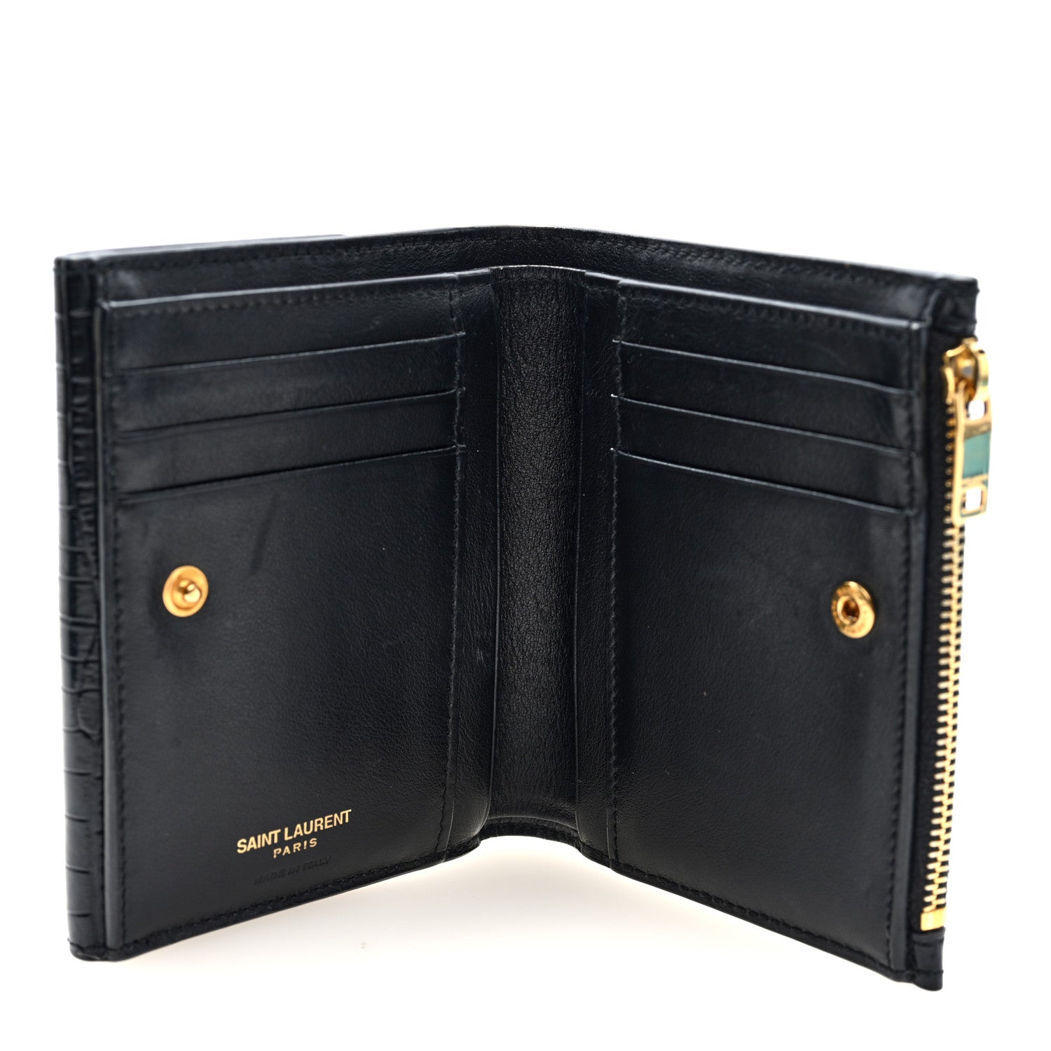 Saint Laurent Shiny Calfskin Crocodile Embossed Monogram Uptown Compact Wallet Black 5 of 7