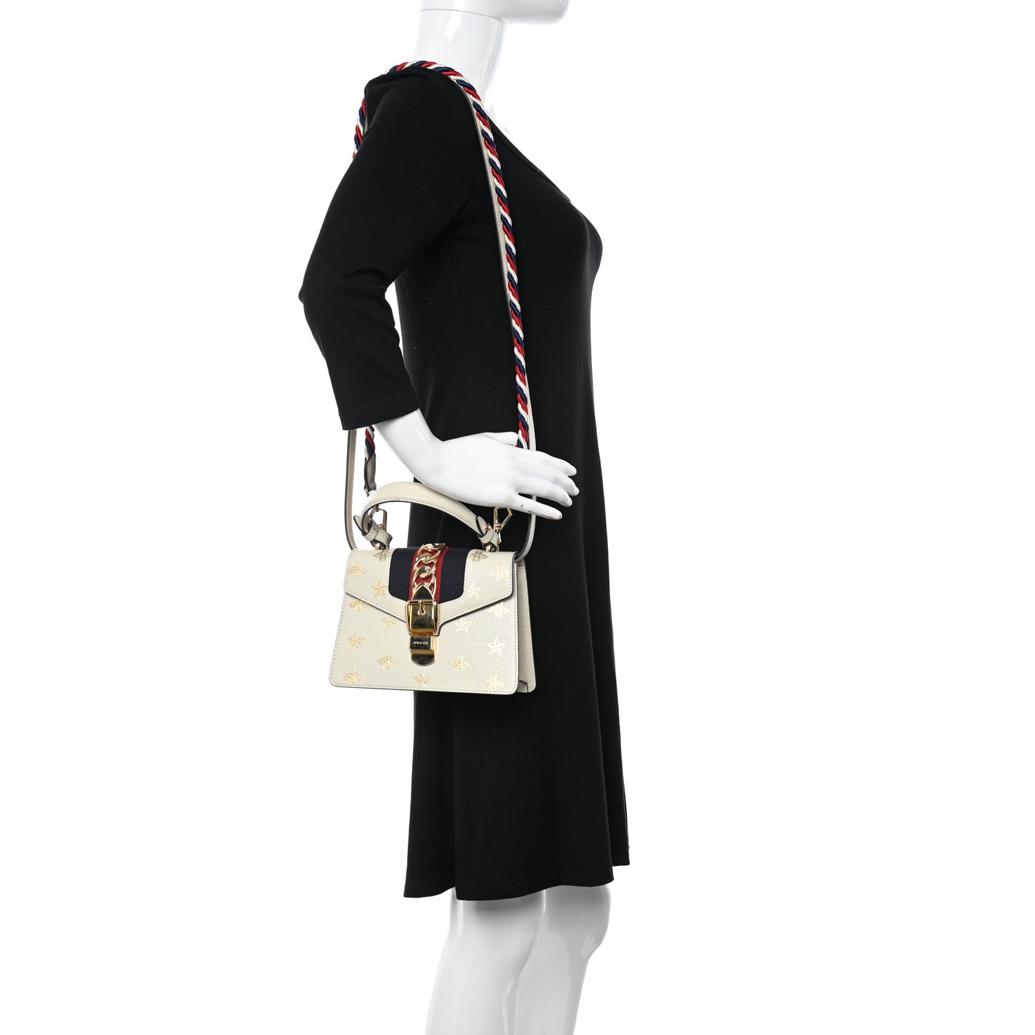 Gucci Textured Calfskin Bee Star Print Mini Sylvie Top Handle Bag Mystic White 2 of 14