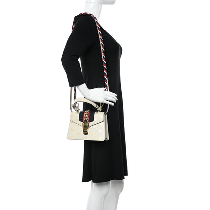 Gucci Textured Calfskin Bee Star Print Mini Sylvie Top Handle Bag Mystic White 2 of 14