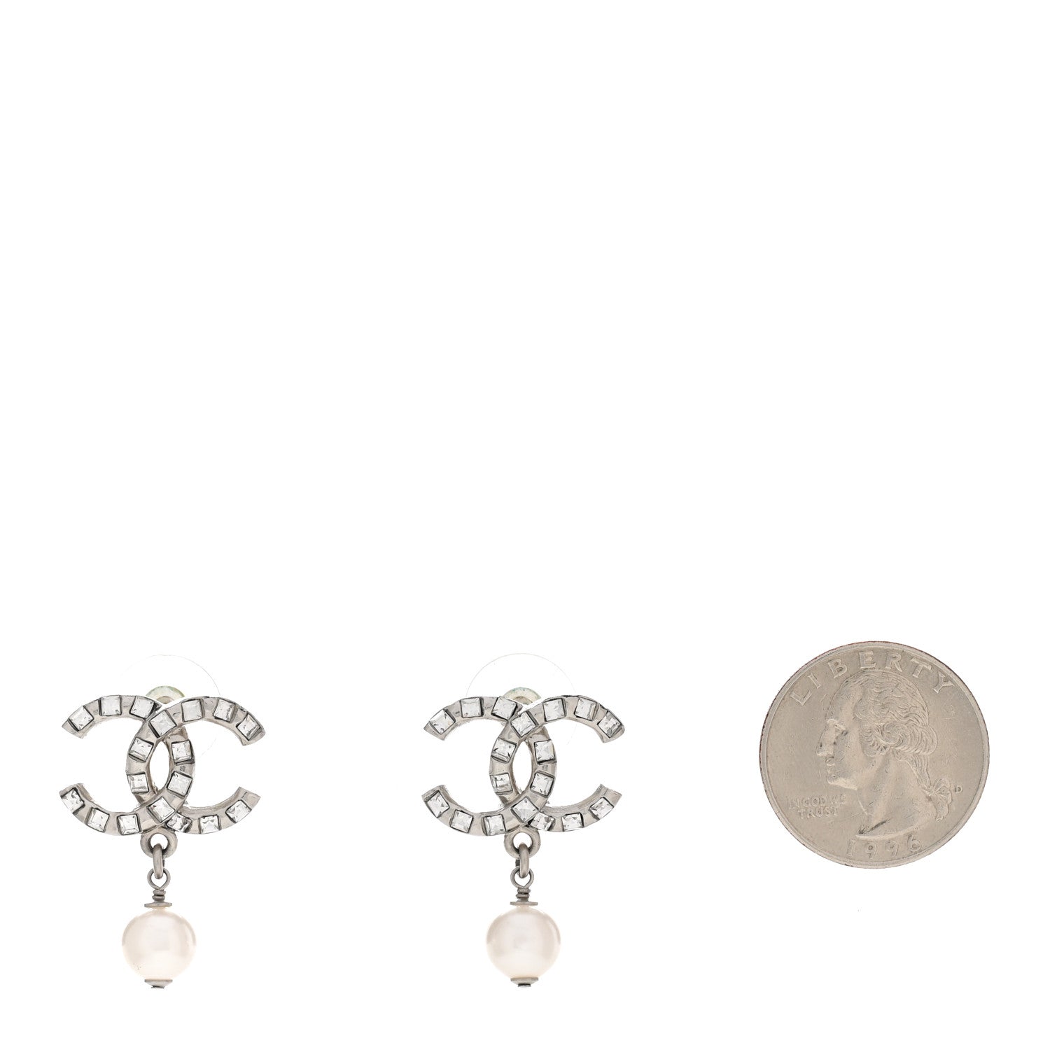 Chanel Crystal Baguette Pearl CC Drop Earrings Silver 2 of 5