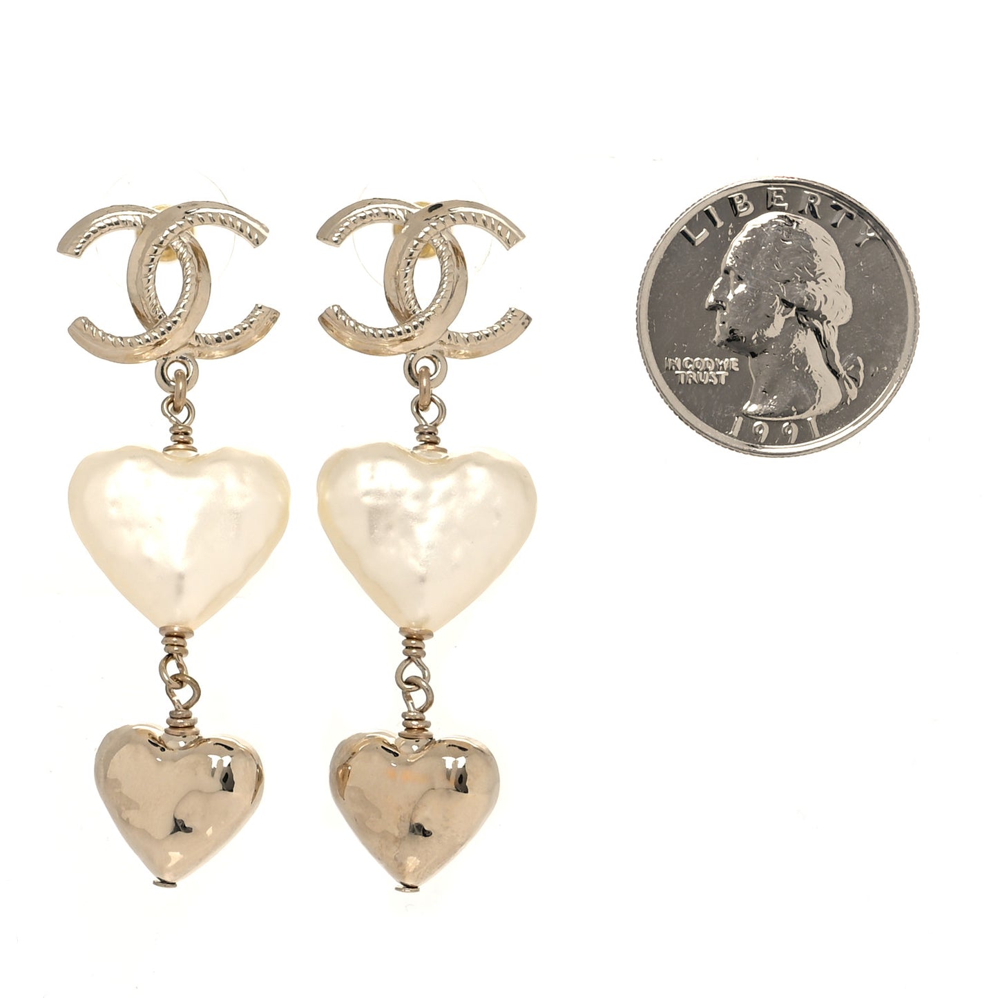 Pearl CC Double Heart Drop Earrings Gold