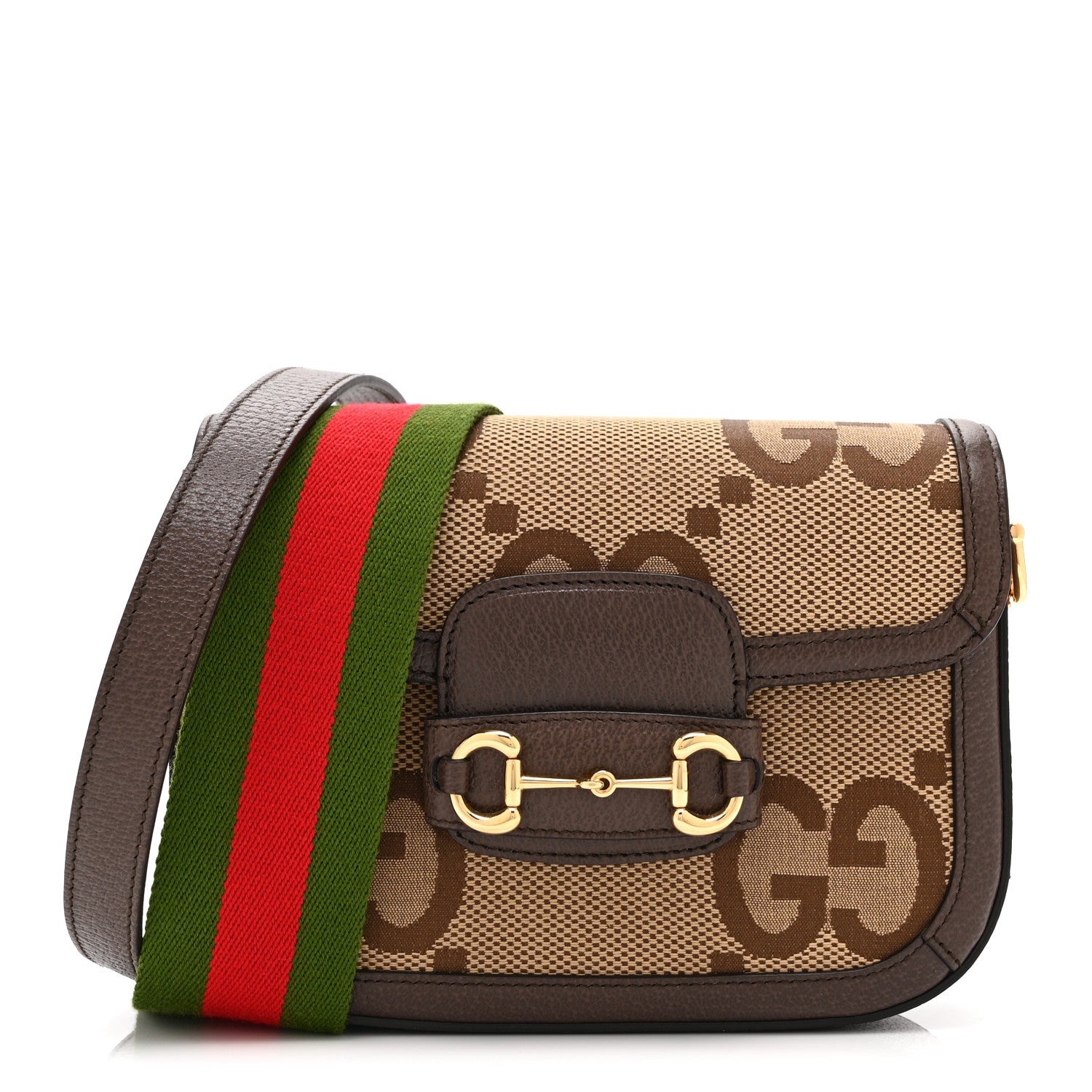 Gucci Monogram Jumbo GG Textured Dollar Calfskin Web Mini Horsebit 1955 Shoulder Bag Camel Ebony New Acero 1 of 11