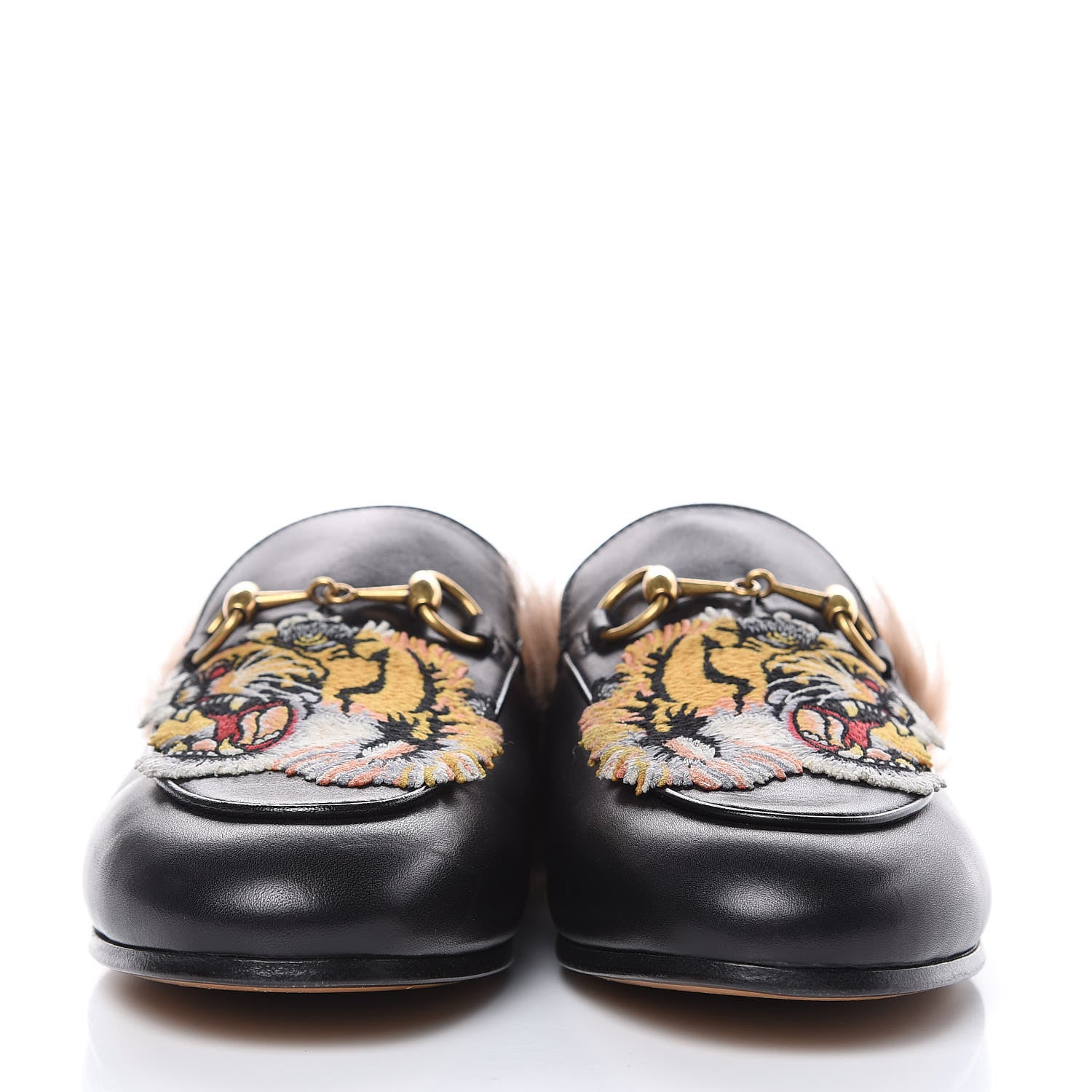 Gucci Calfskin Fur Tiger Embroidered Womens Princetown Slippers 36 Black 2 of 9