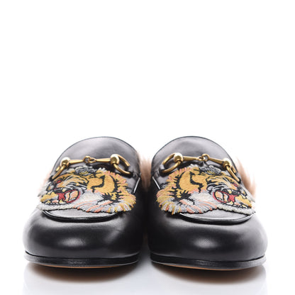 Gucci Calfskin Fur Tiger Embroidered Womens Princetown Slippers 36 Black 2 of 9