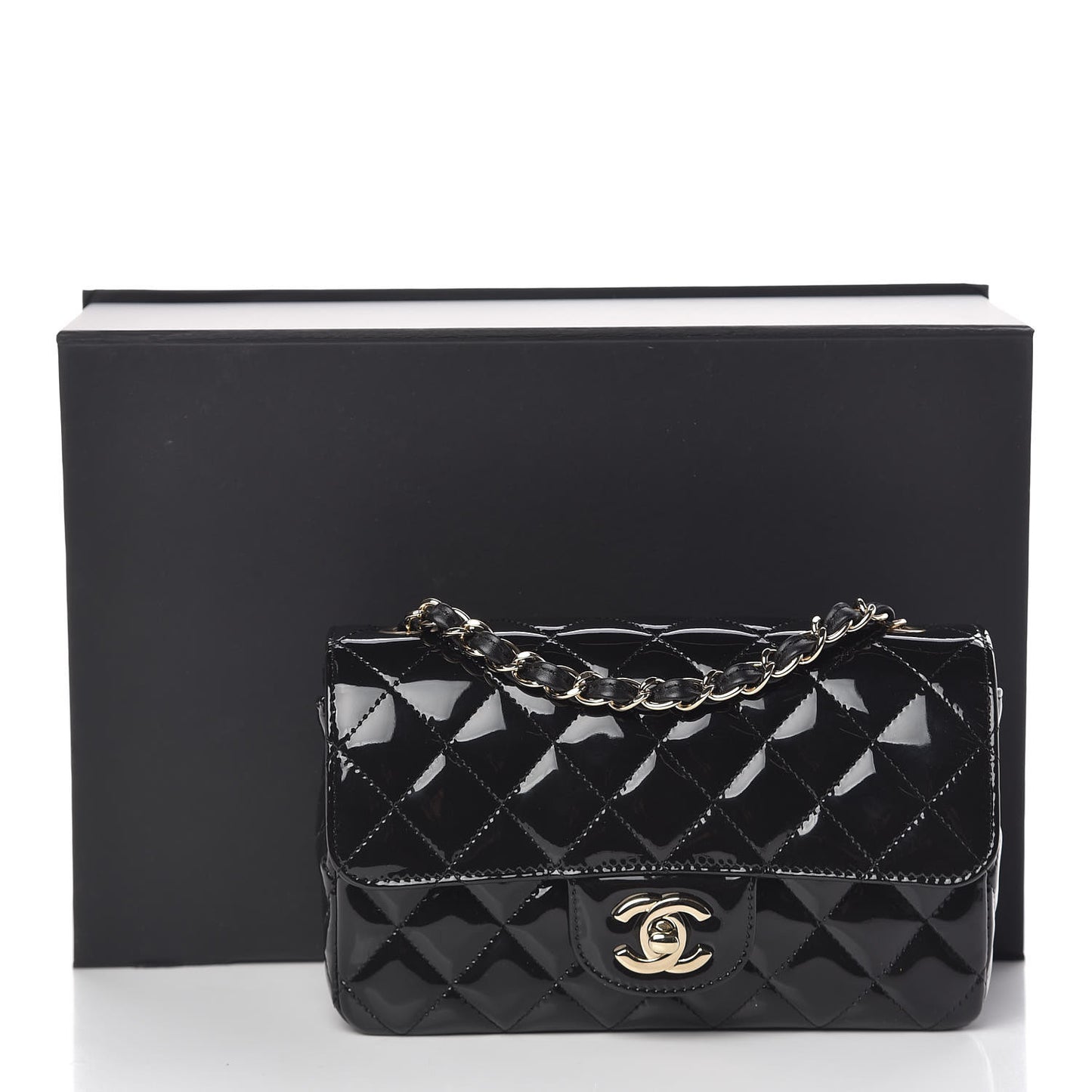 Patent Calfskin Quilted Mini Rectangular Flap Black