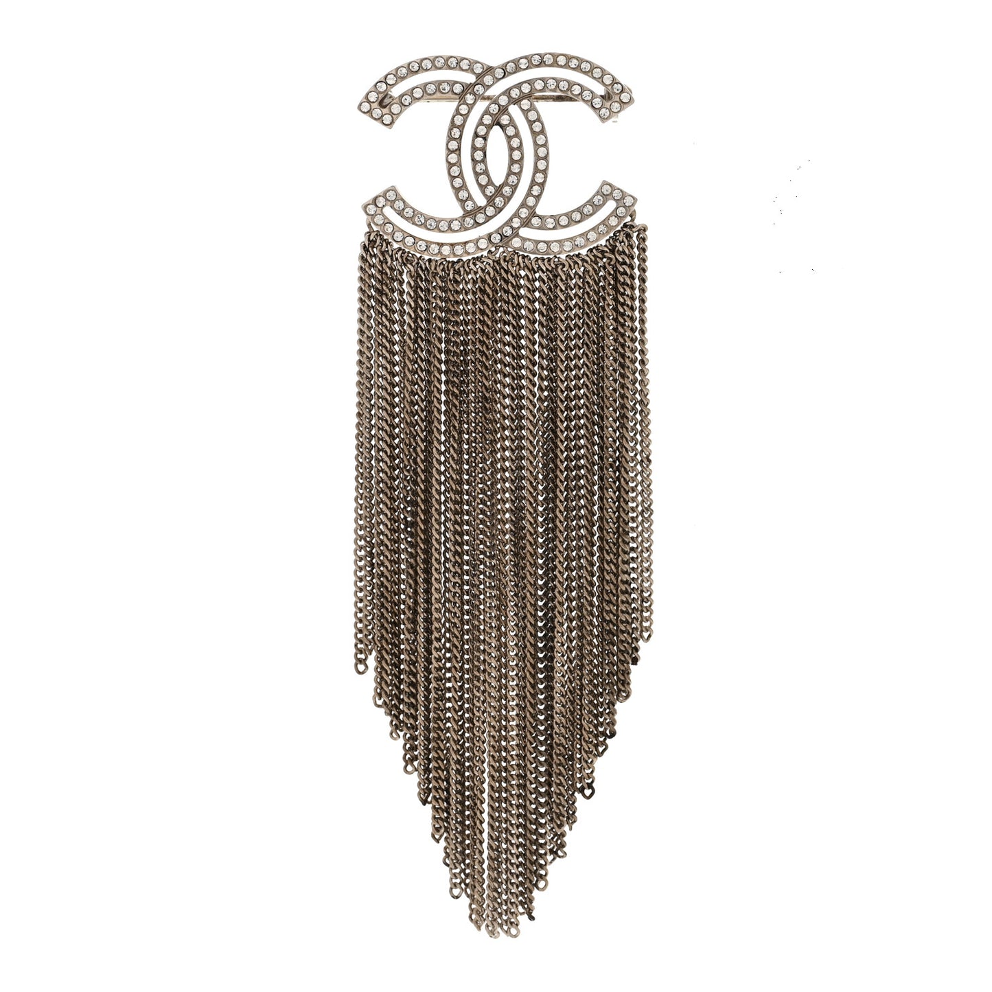 Crystal Chain Fringe CC Brooch Silver