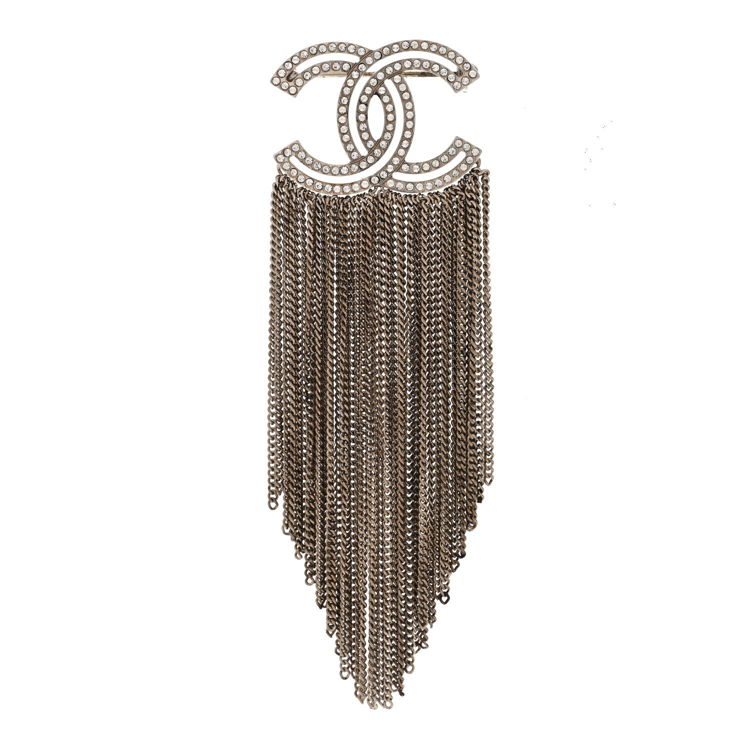 Chanel Crystal Chain Fringe CC Brooch Silver 1 of 4