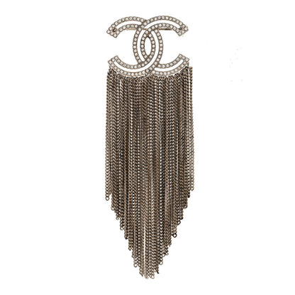 Chanel Crystal Chain Fringe CC Brooch Silver 1 of 4