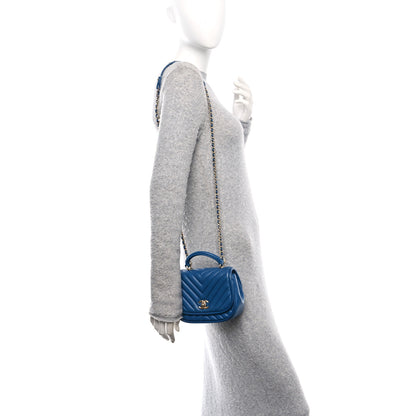 Chanel Lambskin Reverse Chevron Quilted Mini Round Top Handle Flap Blue 2 of 10