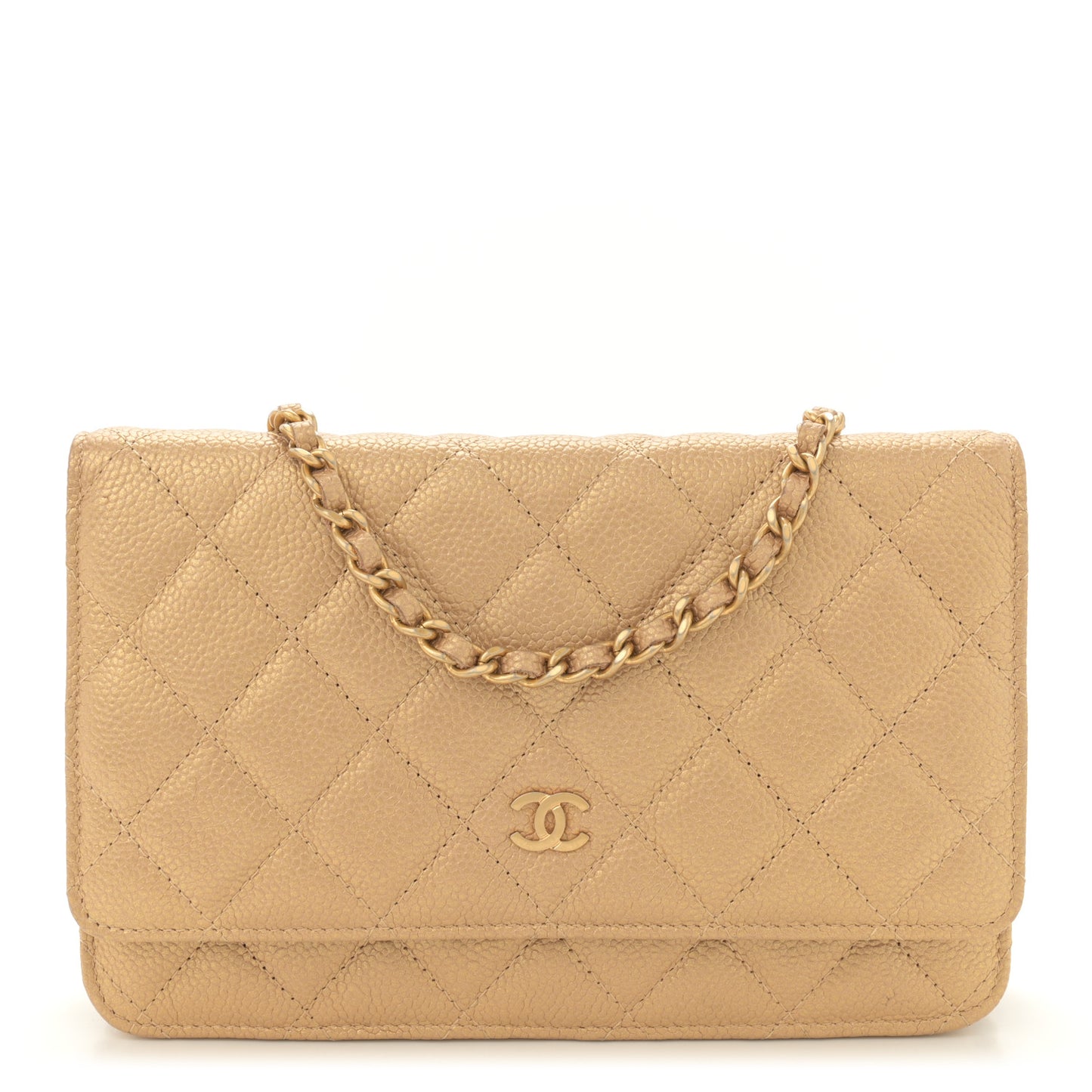 Pearly Caviar Quilted Wallet On Chain WOC Gold