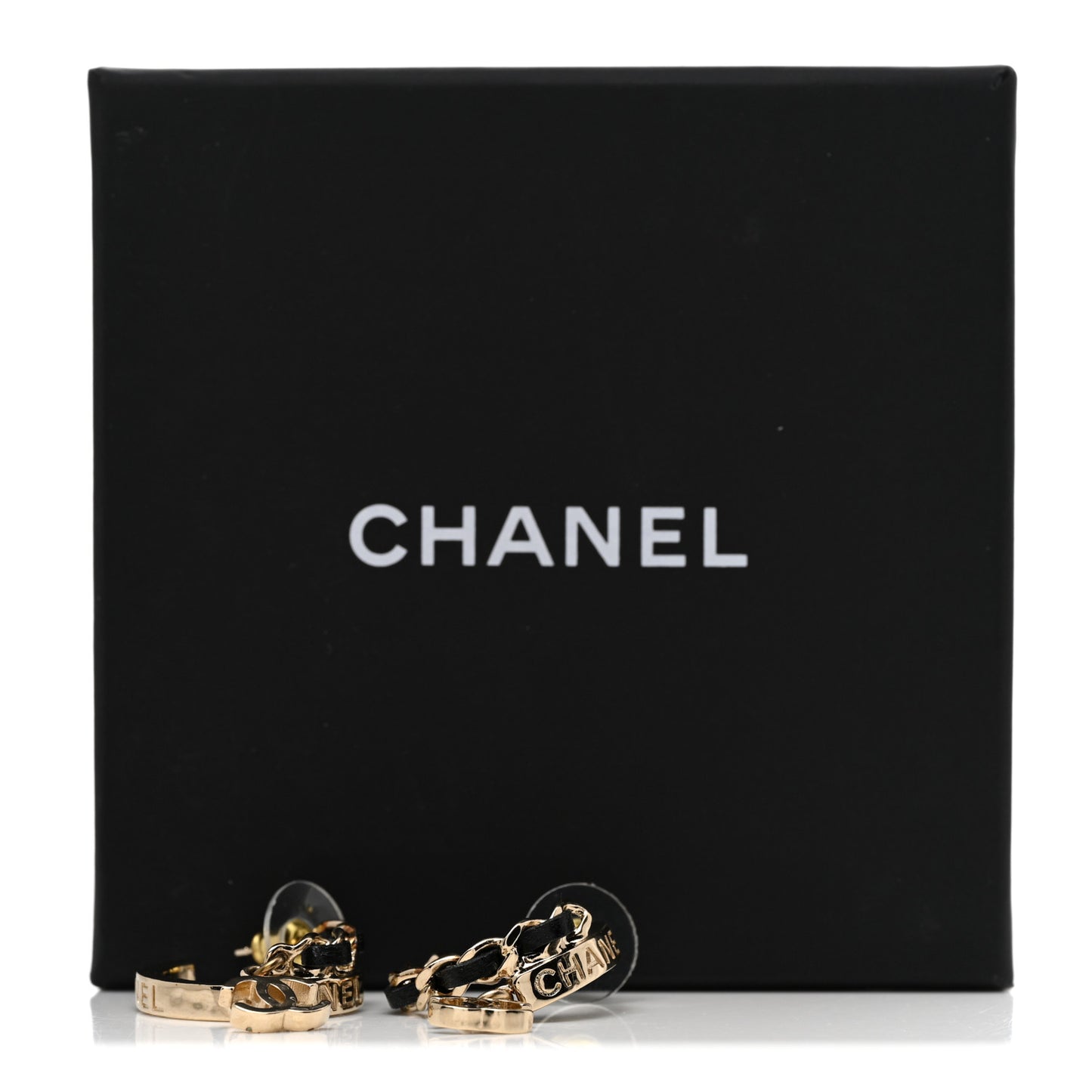 Metal Lambskin CC Chain Hoop Earrings Gold Black