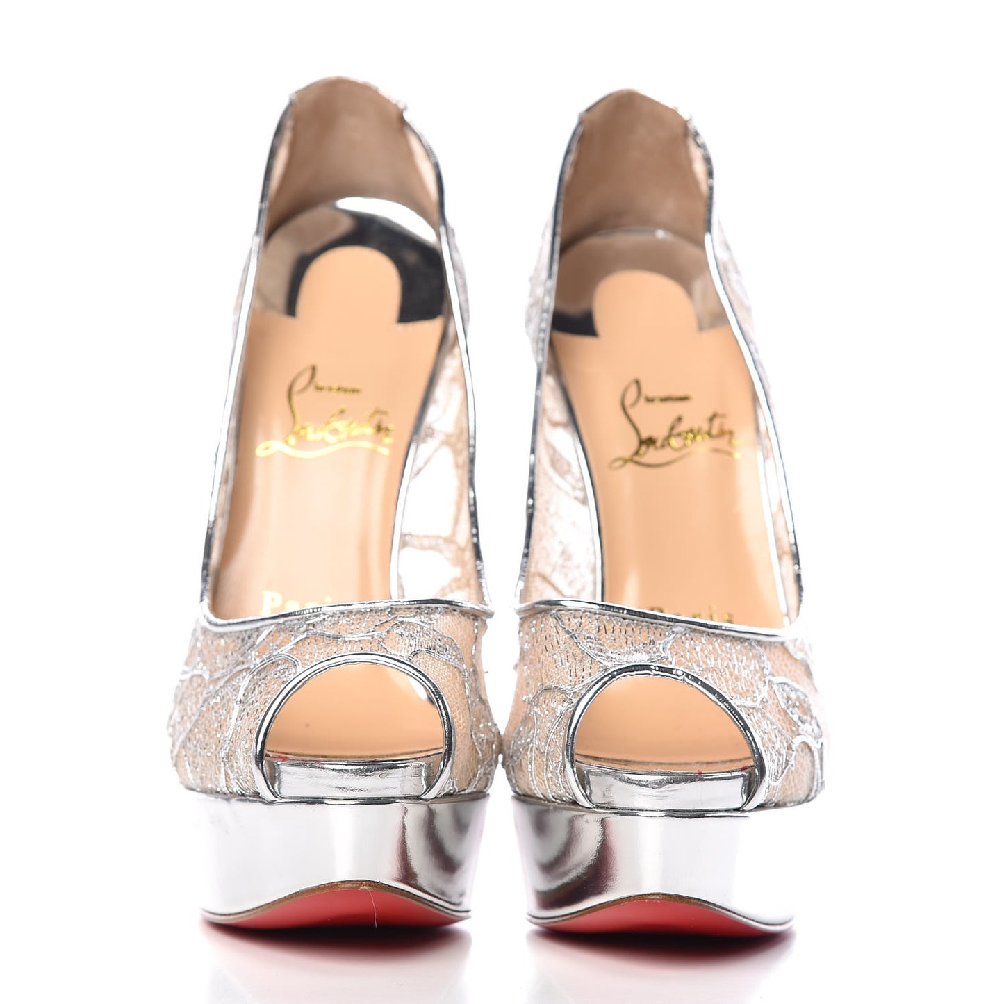 Christian Louboutin Lace Fetish Peep 150 Pumps 36 Silver 435132