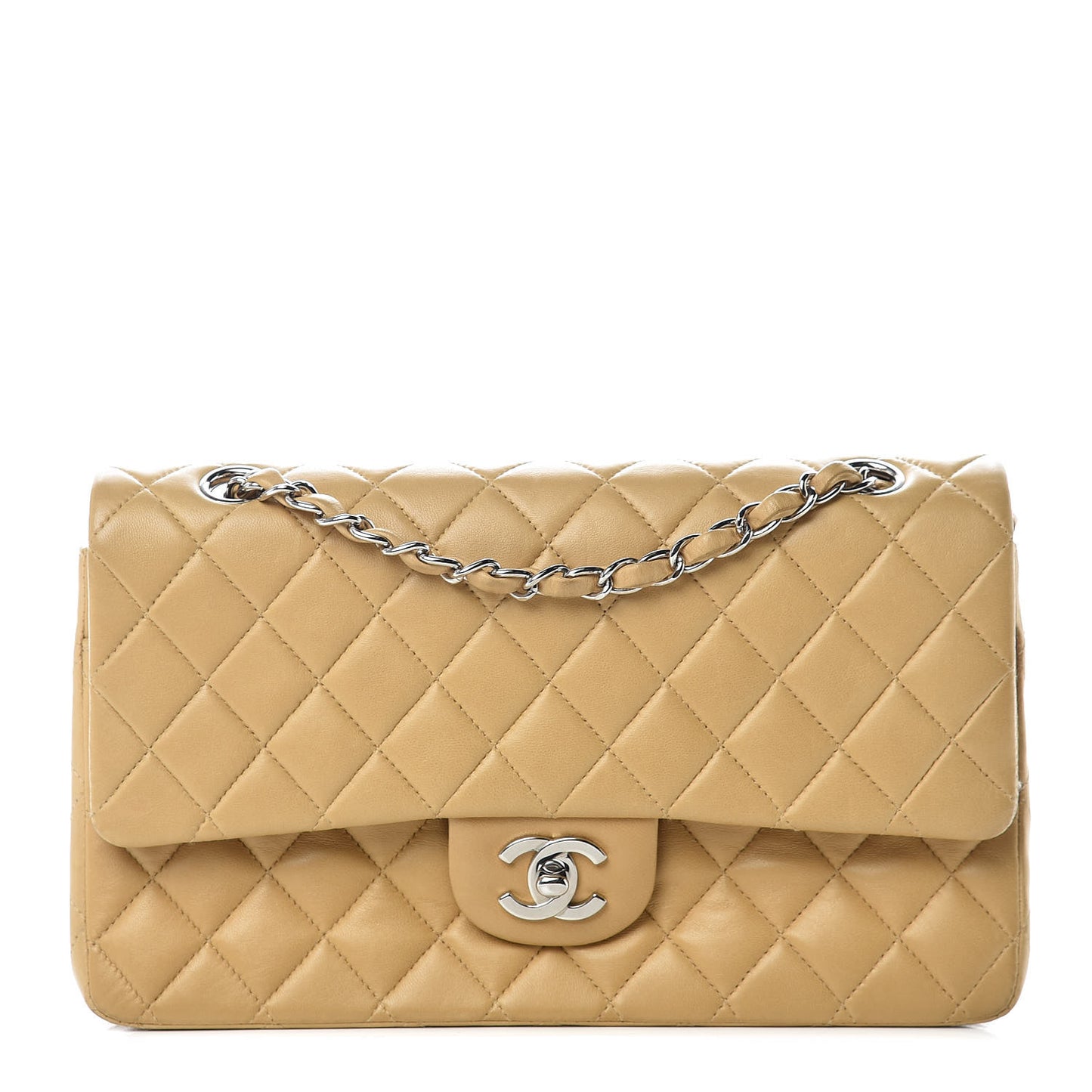 Lambskin Quilted Medium Double Flap Beige