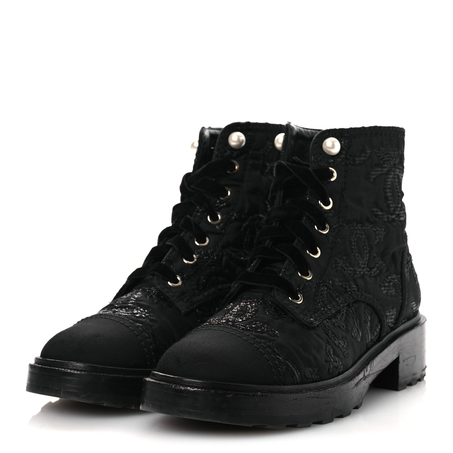 Grosgrain Tweed Pearl CC Combat Short Boots 39 Black