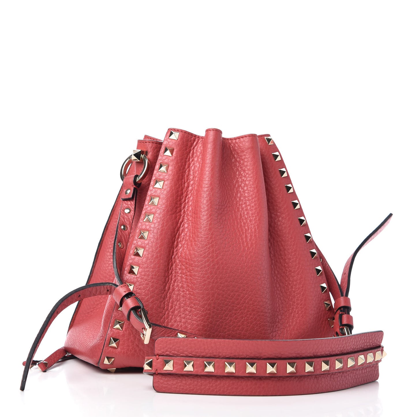 Grained Calfskin Rockstud Bucket Bag Red