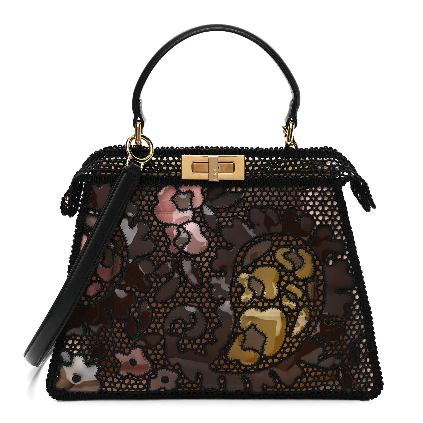 Calfskin Lace Medium Peekaboo I SEE U Satchel Black Multicolor Light Rose