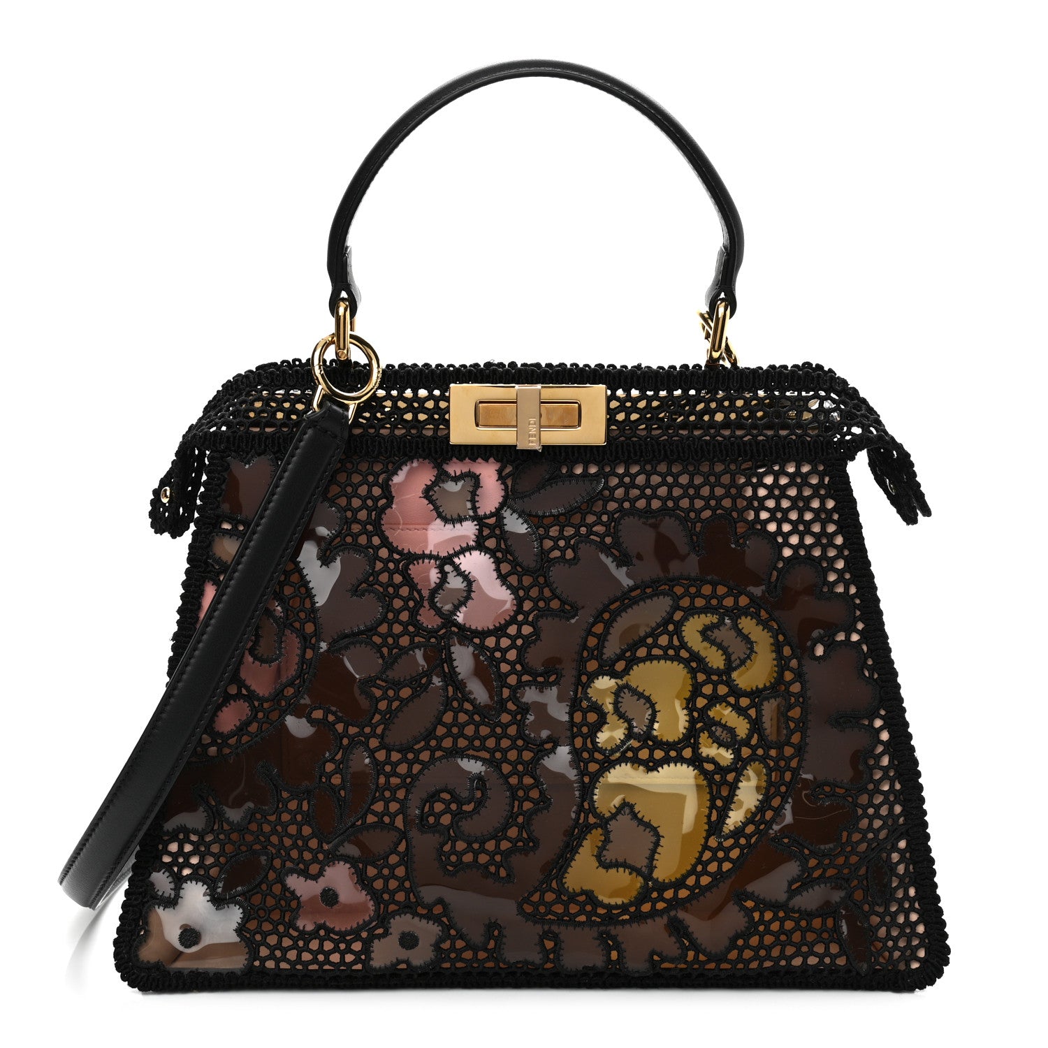 Fendi Calfskin Lace Medium Peekaboo I SEE U Satchel Black Multicolor Light Rose 1 of 12