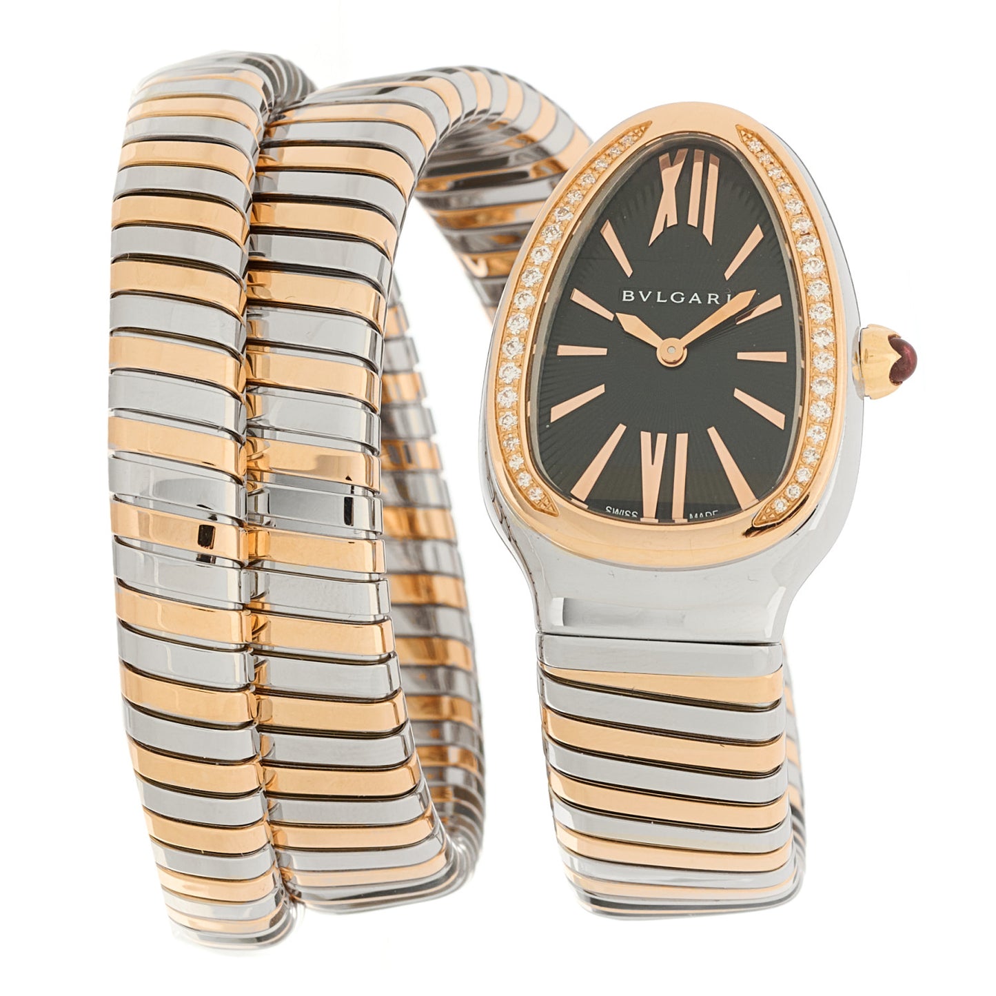 Stainless Steel 18K Rose Gold Diamond Bezel 35mm Serpenti Tubogas Double Spiral Quartz Watch Black