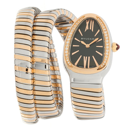 Bulgari Stainless Steel 18K Rose Gold Diamond Bezel 35mm Serpenti Tubogas Double Spiral Quartz Watch Black 1 of 4