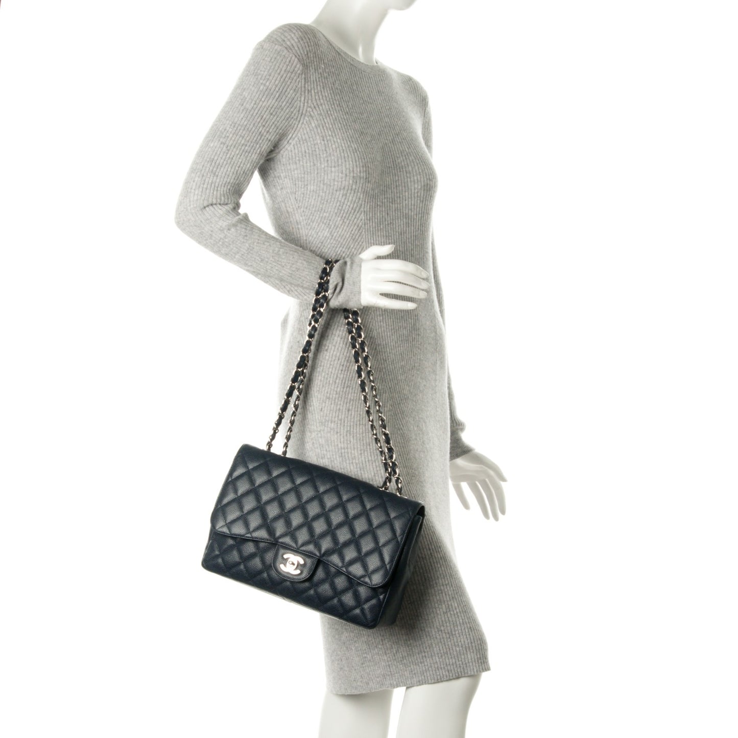 Caviar Jumbo Single Flap Navy Blue