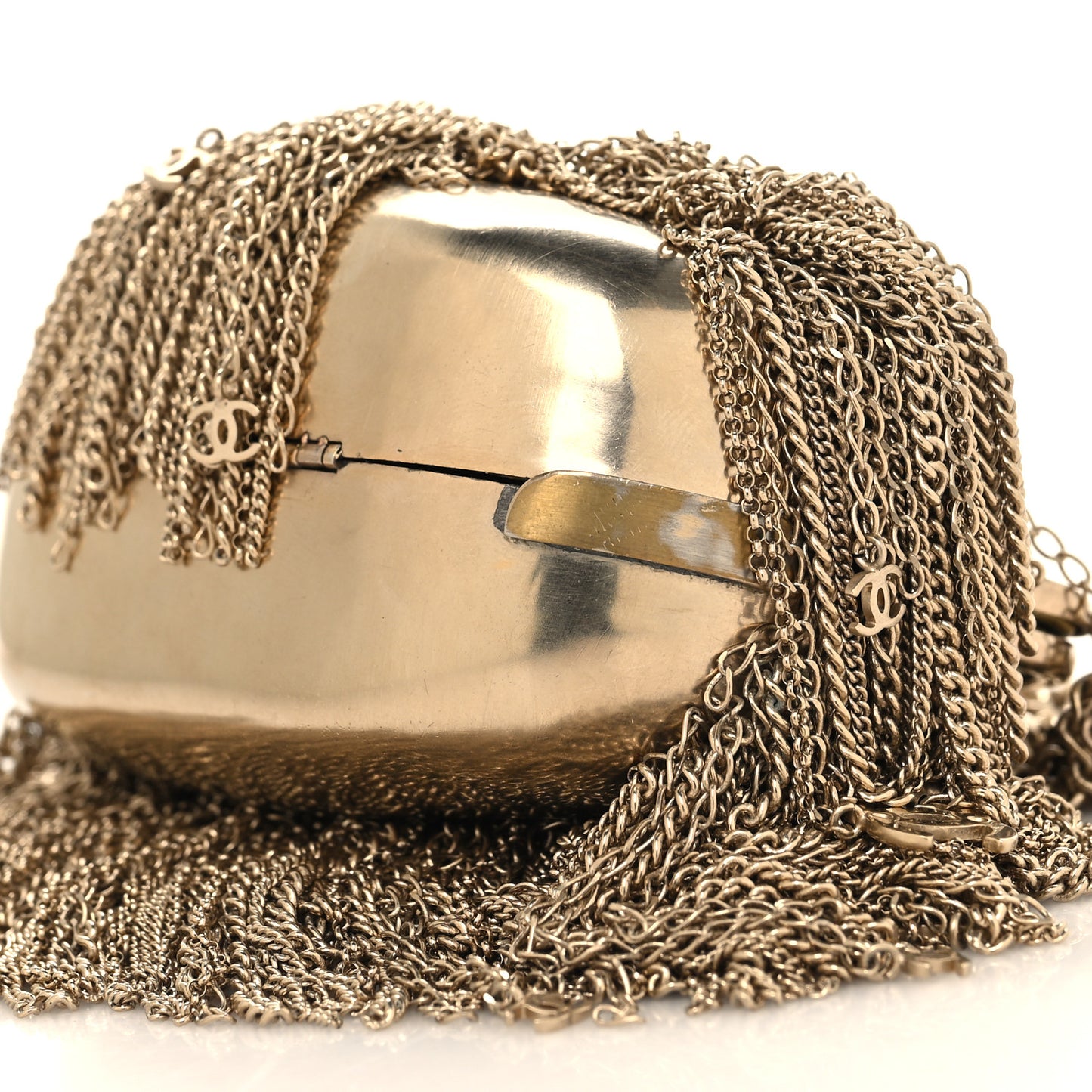 Metal Seashell Kiss Lock CC Chain Fringe Minaudiere Clutch Gold
