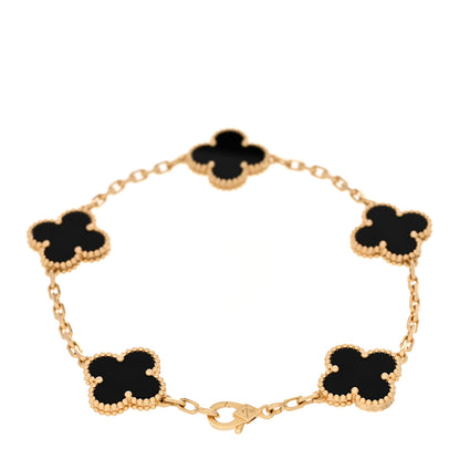 Van Cleef & Arpels 18K Yellow Gold Black Onyx 5 Motifs Vintage Alhambra Bracelet 2 of 5