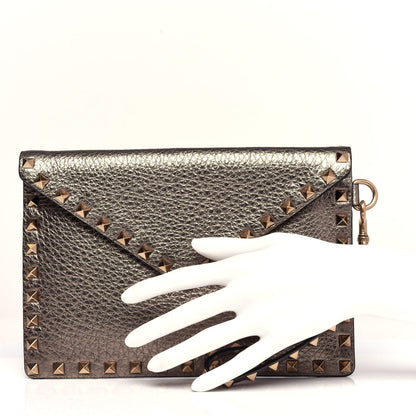 Valentino Garavani Metallic Pebbled Calfskin Medium Rockstud Envelope Flat Wristlet Pouch Sasso 2 of 7