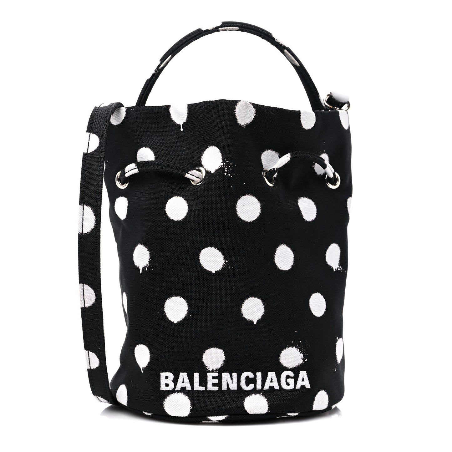 Recycled Sport Nylon Polka Dot Logo Embroidered Wheel Drawstring Bucket Bag Black White