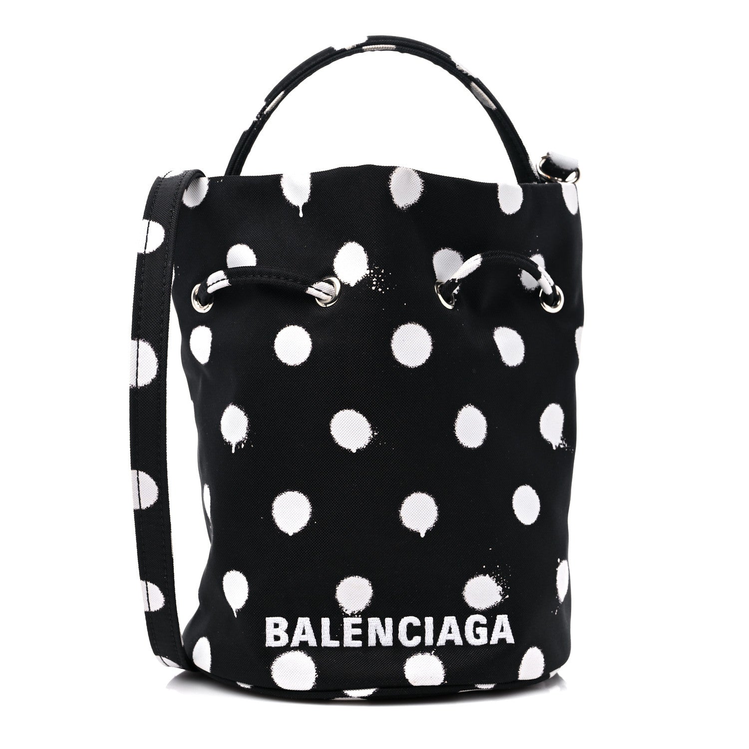 Balenciaga Recycled Sport Nylon Polka Dot Logo Embroidered Wheel Drawstring Bucket Bag Black White 1 of 9