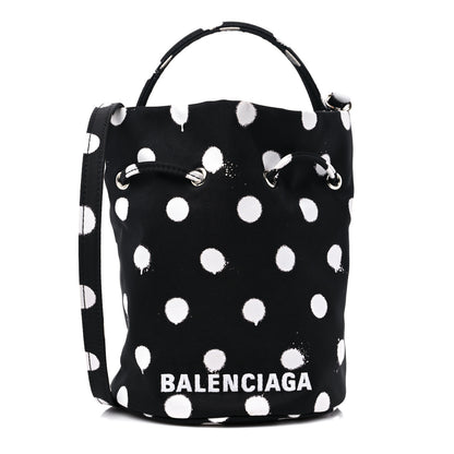 Balenciaga Recycled Sport Nylon Polka Dot Logo Embroidered Wheel Drawstring Bucket Bag Black White 1 of 9