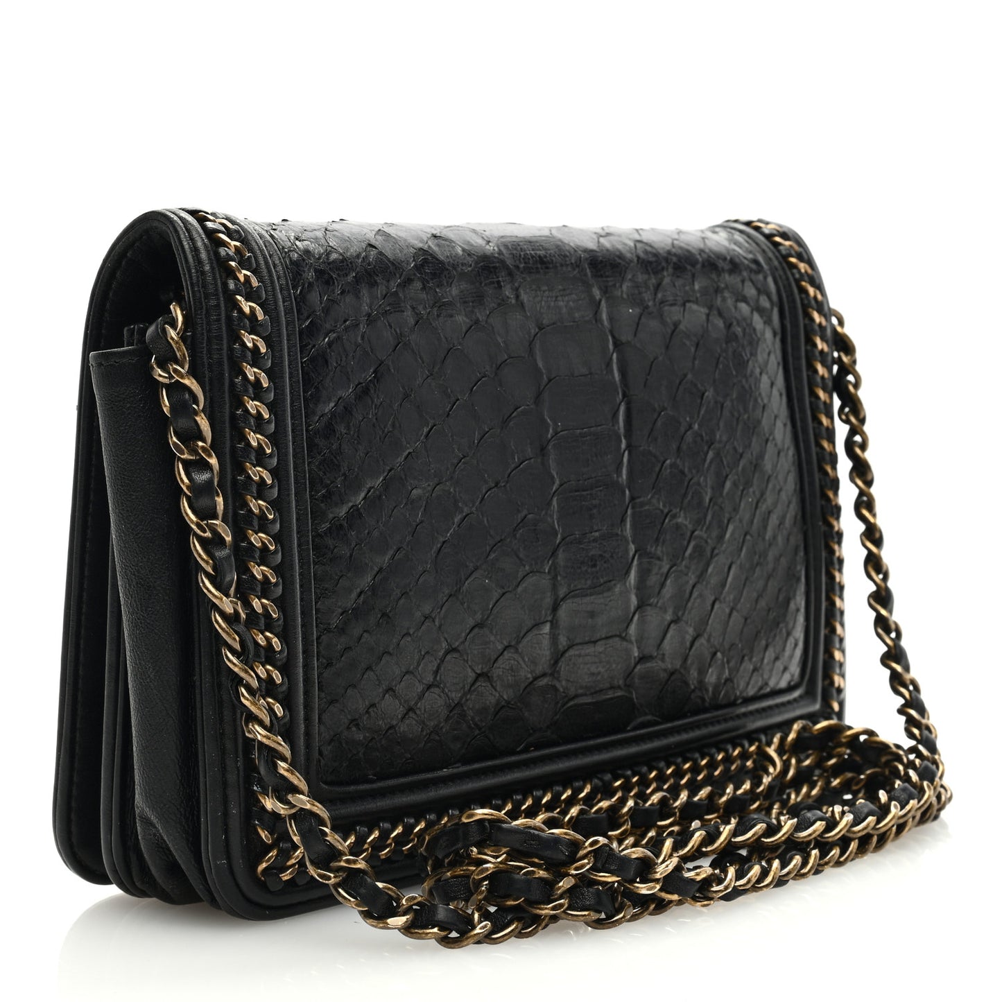 Snakeskin Calfskin Chain Around Boy Wallet On Chain WOC Black