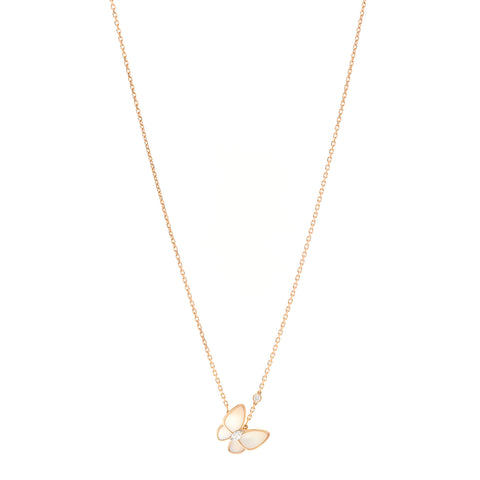 18K Rose Gold Diamond Mother of Pearl Two Butterfly Pendant Necklace