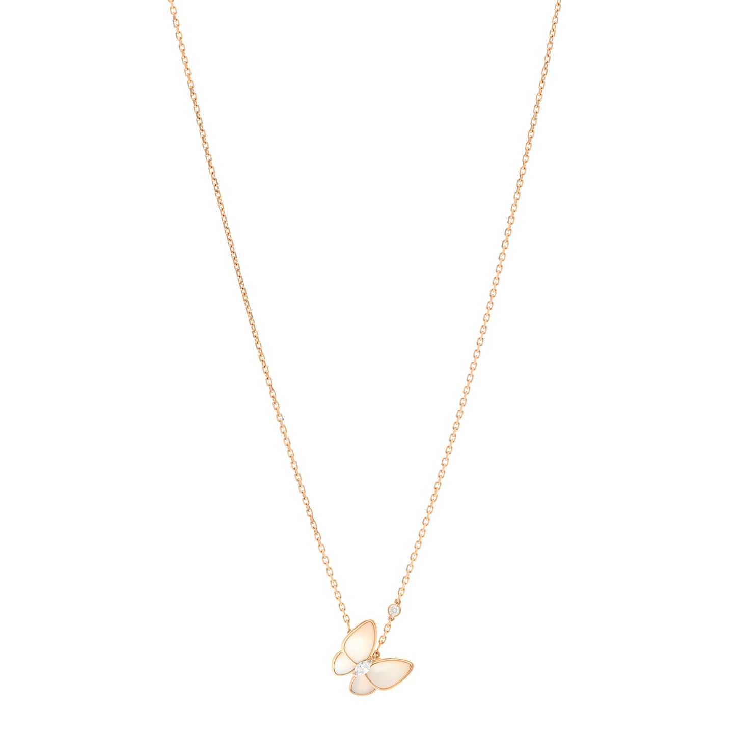 18K Rose Gold Diamond Mother of Pearl Two Butterfly Pendant Necklace