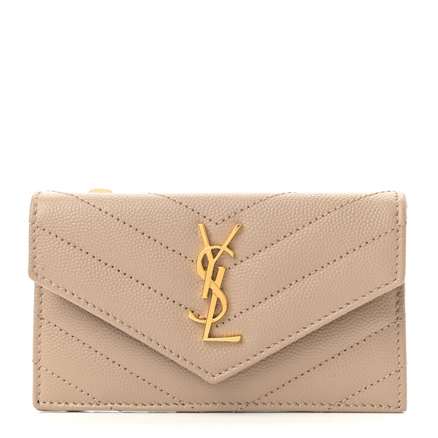 Saint Laurent Grain De Poudre Matelasse Chevron Monogram Compact Wallet Case Dark Beige 1 of 6