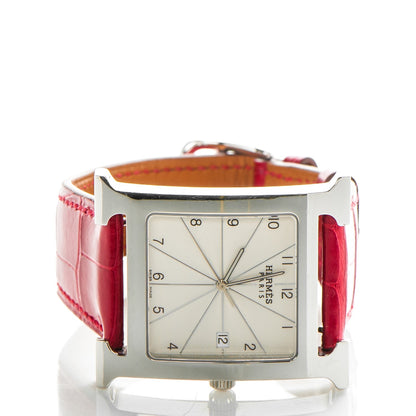Hermes Stainless Steel Alligator 30.5mm Heure H Hour Quartz Watch Rouge Casaque 3 of 8