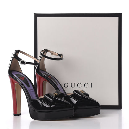Gucci Patent Crystal GG Bow Sadie Spike Ankle Strap d'Orsay Platform High Heel Pumps 37 Black 9 of 9